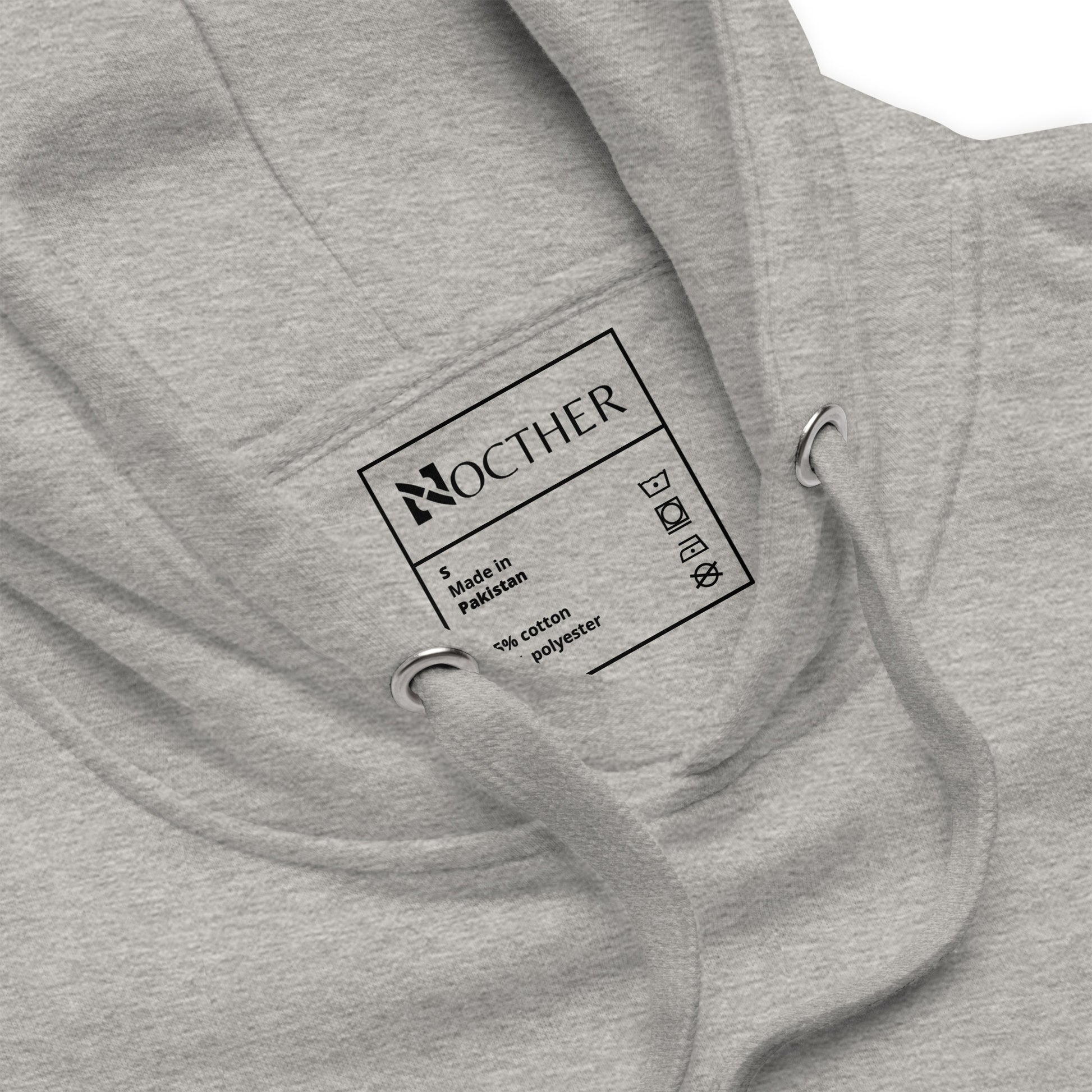 Gray hoodie with a brand label on the chest pocket